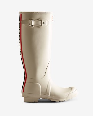 Botas Altas Hunter Tri-colour Logo Backstrap Tall Wellington Feminino Branco Amarelas | 5981HUDJG